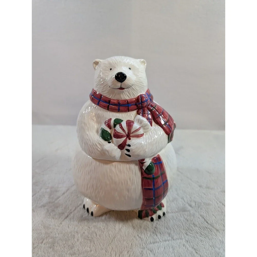 Vintage Pfaltzgraff Snow Bear Cookie Jar 8” Polar Bear Winter Pottery Candy Jar